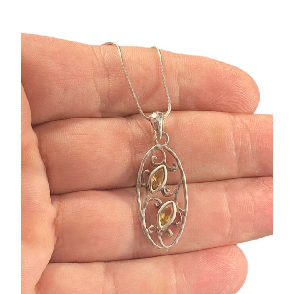 Vintage Sterling & Faceted Citrine Open Work Pendant 925 Italy Chain Necklace